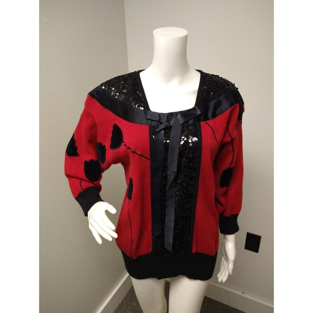 Bonnie And Bill By Holly Womens Med Red Velvet tulip Sequin Spring Sweater
